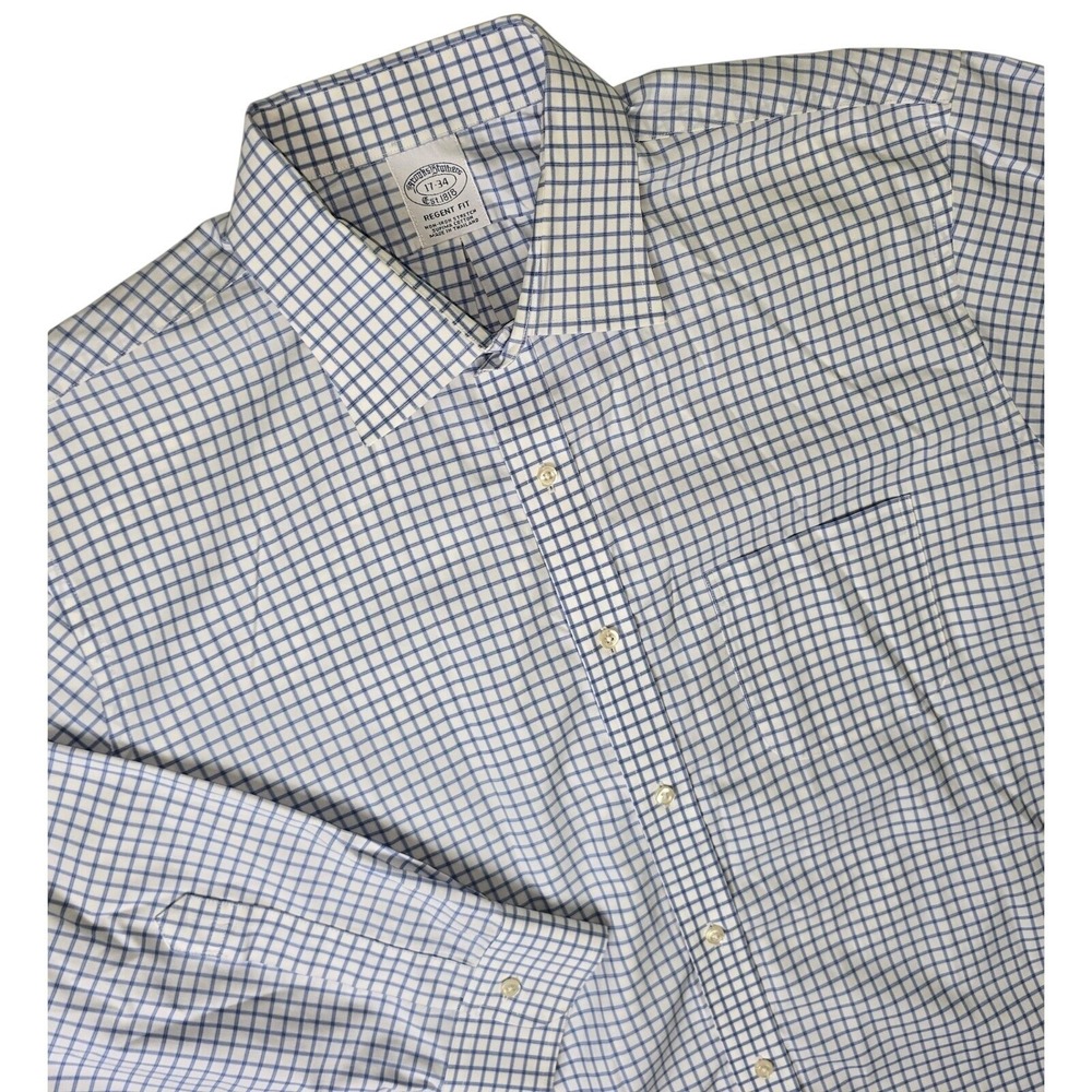Brooks Brothers Dress Shirt Mens 17-34 Blue White Regent Fit Non-Iron Stretch